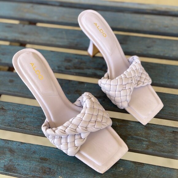 Aldo Women Mules PU Leather Lilac Braided Square Toe Slip-On 8.5 Kitten Heel - Picture 3 of 14